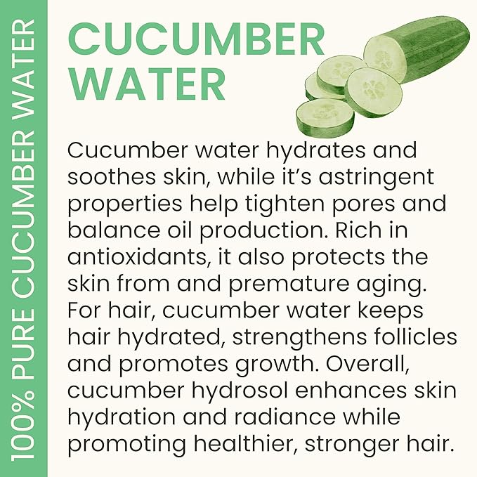 Cucumber Hydrosol Bulk - 32 oz All Natural Hydrating Spray Mist for Face and Hair - 100% All Natural Cucumber Water