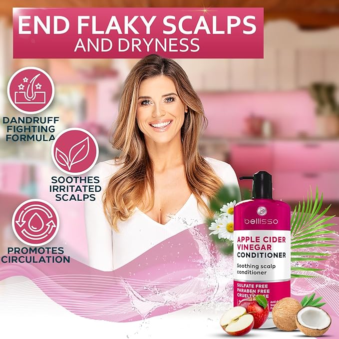 Apple Cider Vinegar Conditioner - Sulfate Paraben and Silicone Free - For Dry, Damaged and Oily Hair - Anti Dandruff Product for Fine Itchy Scalp Build Up - Cleansing Treatment for Women and Men