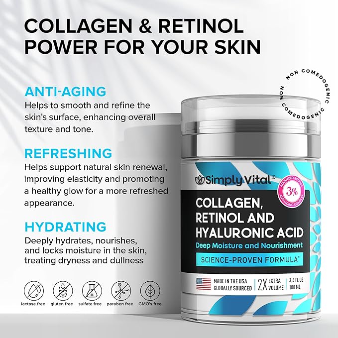 SimplyVital Collagen, Retinol & Hyaluronic Acid Cream - Anti-Aging Retinol Cream for Face, Neck & Décolleté - Made in USA - Daily Moisturizer Face Cream - 3.38 fl oz