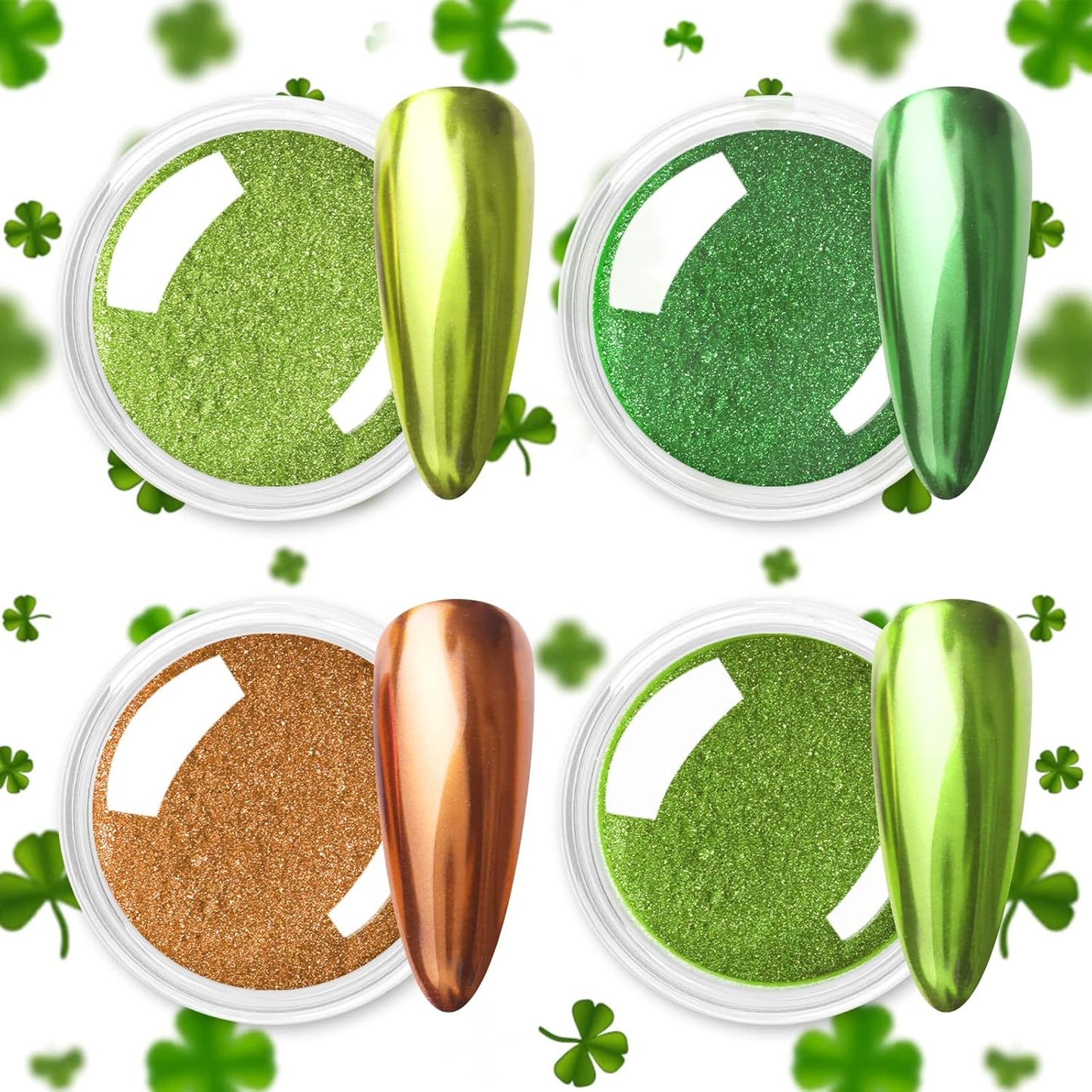 Allstarry Green Chrome Nail Powder, 4 Colors Mirror Effect Metallic Pigment Manicure Holographic Glitter Dust Kit for Gel Polish St Patricks Day Nail Art St Patty's Day Accessories - Forest Afterglow