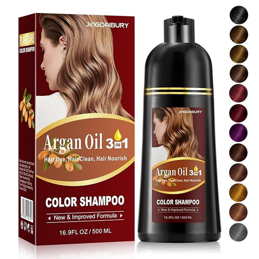Chestnut Brown Hair Dye Shampoo with Argan Oil for Men & Women, 3 in 1 Semi-Permanent Formula, 16.9 Fl oz - Easy to Use, Covers Gray Hair