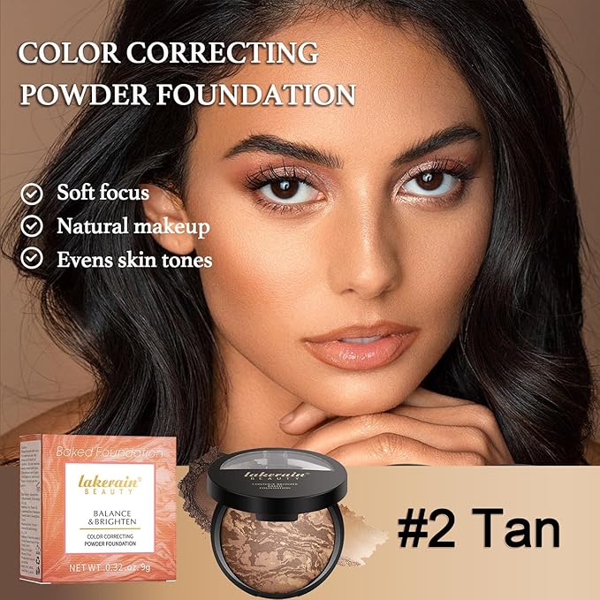 Baked Brighten Foundation, Coror Correcting Baked Balance Foundation,Buildable Coverage, Lightweight Powder Foundation, Creates a Perfect Canvas and a Natural Semi-Matte Finish(02# Tan)