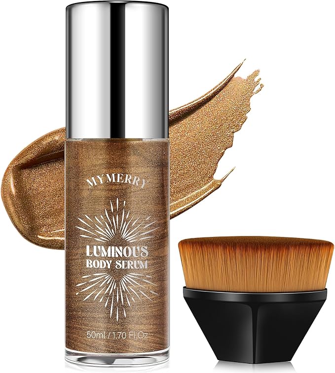 Body Shimmer Oil, 50ml Suncreen Liquid Highlighter Bronzer Body Glitter Oil Long Lasting Moisturizing Makeup Lotion Illuminate Serum Glow Shimmer Skin 1.7 Fl Oz（Bronze Brown #01）