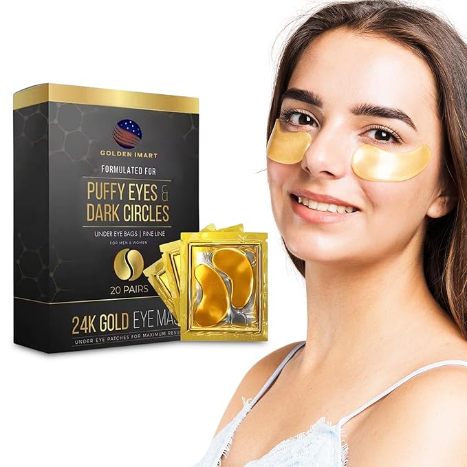 Under Eye Patches for Dark Circles - 24k Gold Eye Mask for Luxurious hydrating eye patches (20 Pairs) Gold Eye Patches for Puffy Eyes Brightening, Anti-Aging Wrinkles, for both genders