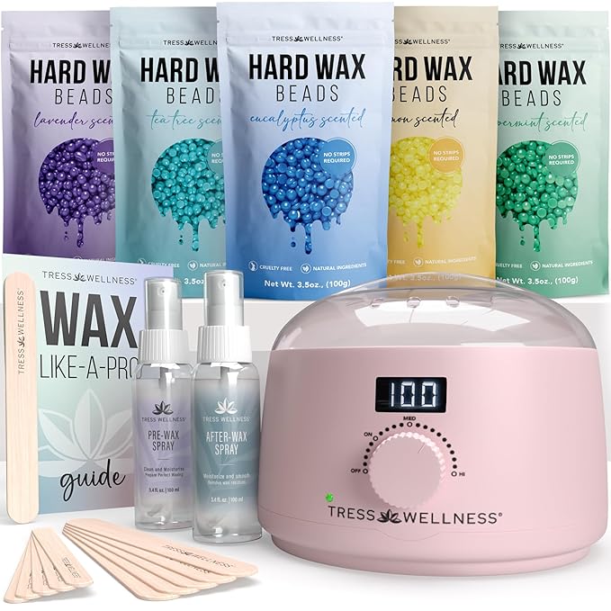 Tress Wellness Waxing Kit for Sensitive Skin – Safe for Face & Skin, Prep & Aftercare Spray, Easy to Use – At-Home Kit for Face, Bikini, Brazilian & Full Body - Digital Display, Pink