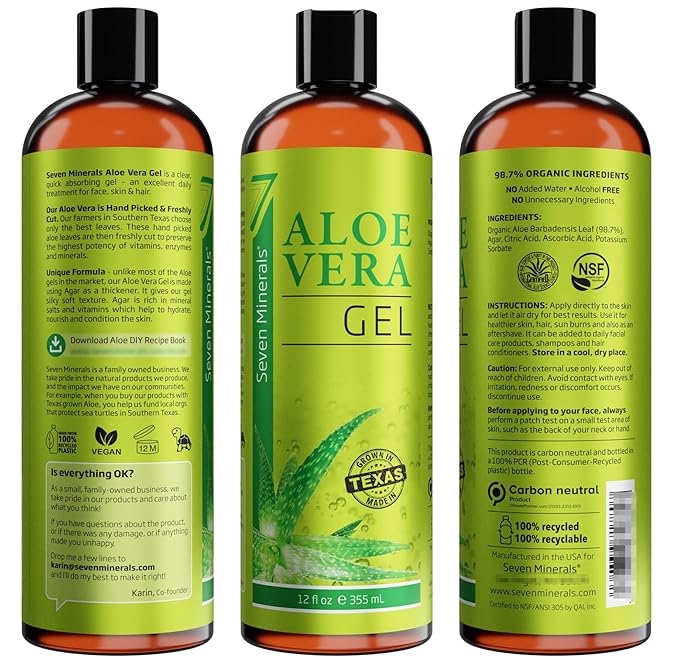 Seven Minerals Organic Aloe Vera Gel from freshly cut 100% Pure Aloe - Big 12oz - HighestQuality, Texas grown, Vegan, Unscented - For Face, Skin, Hair, Sunburn relief