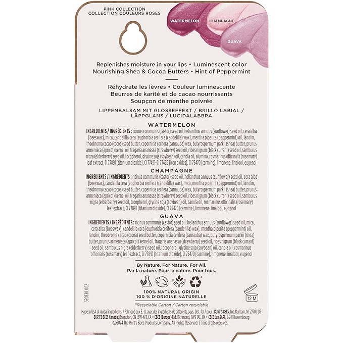 Burt's Bees Lip Shimmer Pink Collection, Tinted Lip Balm Stick, Moisturizing for All Day Hydration with Natural Glowy Pigmented Finish & Buildable Color, 3 Shades; Value Pack, 3 Tubes x 0.09 Oz