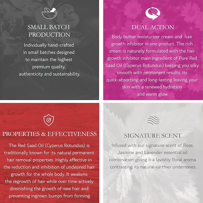 Silky Cream by Hadirose | Pure Red Saad Oil (Egyptian Cyperus Rotundus) | Organic Hair Removal Maintenance Cream | Prevent Ingrown Hair | Scented (Rose, Jasmine & Lavender) | Made in the USA.