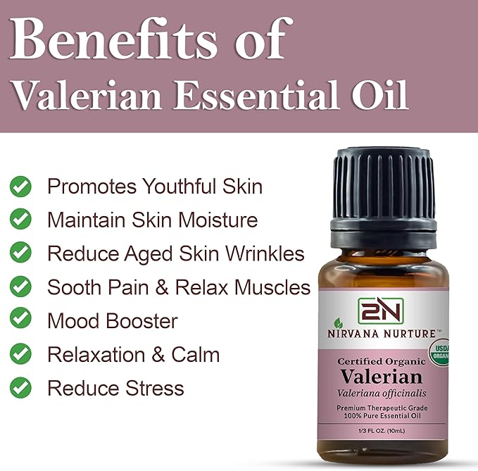 Valerian Essential Oil USDA Certified Organic 100% Pure Premium Therapeutic Grade, Undiluted - Aromatherapy Diffuser for Calm and Relaxation, Skin Care, Hair Care