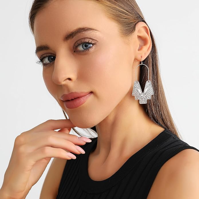 Zealmer Gold Geometric Earrings Statement Vintage Boho Ethnic Earrings Hollow Out Fan Shape Dangle Drop Earrings for Women Birthday Christmas Valentines Day Gift