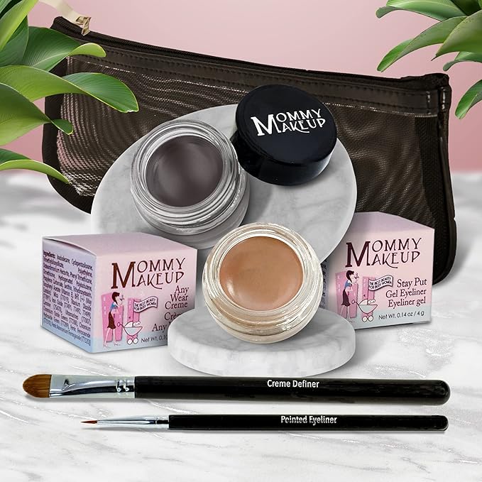 The Everlasting Eye 5 Piece Waterproof Makeup Set. Gel Eyeliner, Creme Eyeshadow, 2 brushes and Mesh Bag. Paraben-free, Talc-free, Cruelty-free. Misty Mocha/Chocolate Kiss 1802