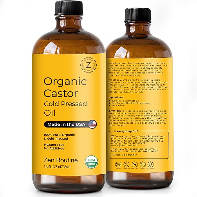 Zen Routine New (Glass Bottle) Organic Castor Oil 16oz – Hexane Free – Hair Growth Oil, Eye Lashes & Stomach, 100% Cold Pressed Unrefined Pure for Castor Pack Wrap – USDA Certified, Made in the USA