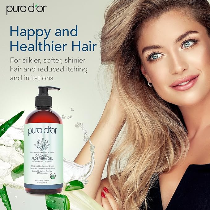 PURA D'OR ORGANIC Aloe Vera Gel Lavender (16 Oz X 3) All Natural - ZERO Artificial Preservatives - Deeply Hydrating & Moisturizing - Sunburn, Bug Bites, Rashes, Small Cuts, Eczema Relief - Skin & Hair