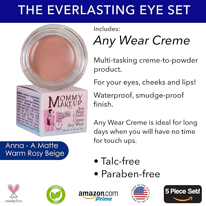 The Everlasting Eye 5 Piece Waterproof Makeup Set. Gel Eyeliner, Creme Eyeshadow, 2 brushes and Mesh Bag. Paraben-free, Talc-free, Cruelty-free. Anna/Amethyst 1206
