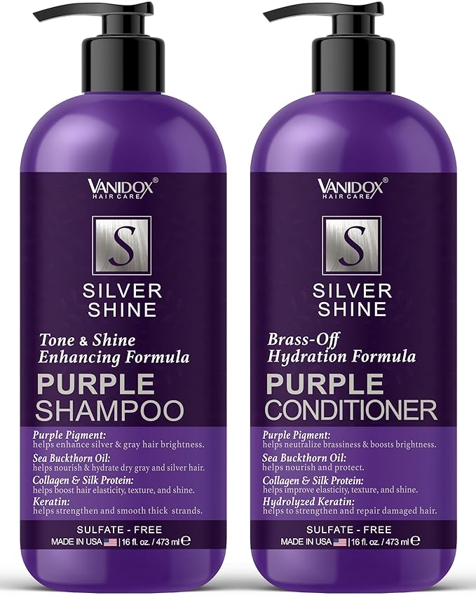 Sulfate Free Brass Toning Purple Shampoo and Conditioner Set for Grey and Silver Hair, Moisturizing & Color-Safe, Enhances Shine & Brightness, Made in USA (16 fl oz each)
