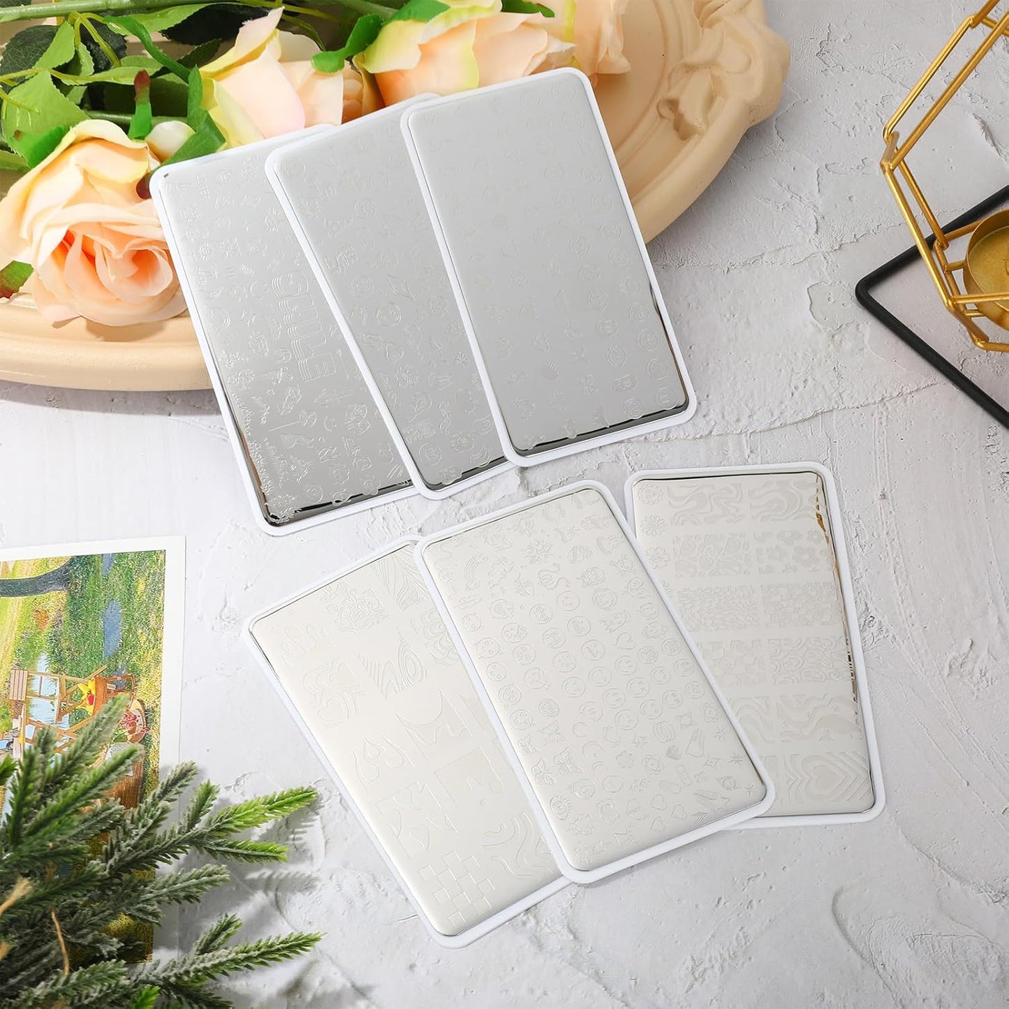 Whaline 6Pcs Smile Face Nail Plates Stamping Set Heart Butterfly Star Flower Smiling Stamp Templates Groovy Nail Art Plates for DIY Print Manicure Salon Design Gift Supplies