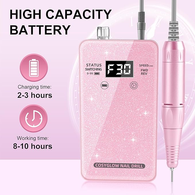 Professional Electric Nail Drill File:COSYGLOW Glitter Portable Cordless E-File Nail Drill Kit with 11 Drill Bits,30000 RPM Rechargeable Nail Drills Machine for Acrylic Nails Gel Polishing (Pink)