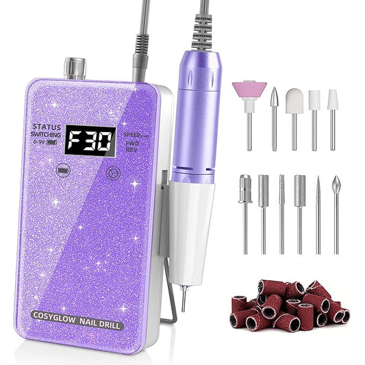 Professional Electric Nail Drill File:COSYGLOW Glitter Portable Cordless E-File Nail Drill Kit with 11 Drill Bits,30000 RPM Rechargeable Nail Drills Machine for Acrylic Nails Gel Polishing(Purple)