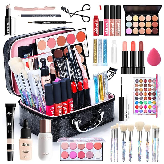 All in One Makeup Bundle with Makeup and Reusable Waterproof Case, Ultimate Color Combination Eye Shadow Palette, Photo Finish Foundation, Lipstick Set, Multi-Use Concealer etc, Makeup Gift Set