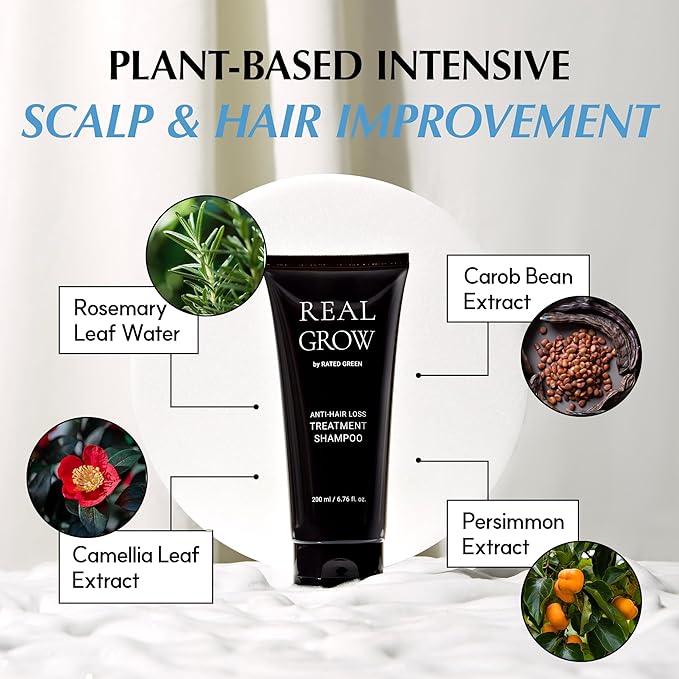 RATED GREEN REAL GROW Anti Hair Loss Treatment | Hair Strengthening Shampoo for Thinning Hair | Organic Rosemary Shampoo for Women 6.76 fl oz
