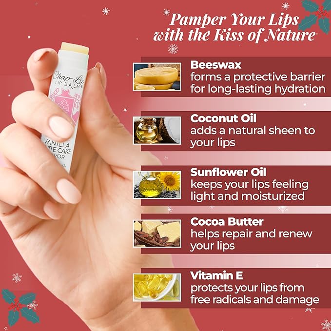 100% Natural Lip Balm Set - Beeswax Natural Christmas Gifts for Her - Lip Moisturizer for Dry Lips, Cocoa Butter - Petroleum Free, 8 Count, 2 Pack