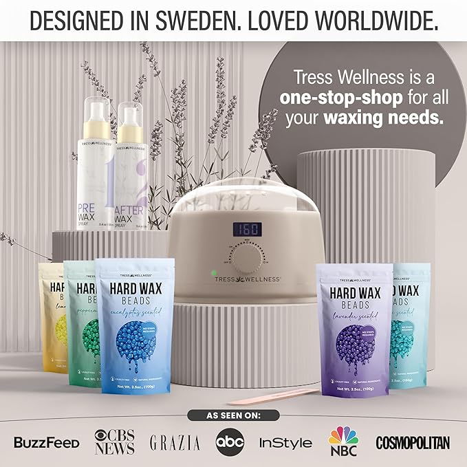 Tress Wellness Waxing Kit for Sensitive Skin – Safe for Face & Skin, Prep & Aftercare Spray, Easy to Use – At-Home Kit for Face, Bikini, Brazilian & Full Body - Digital Display, Beige