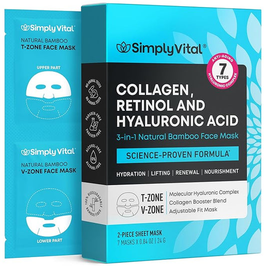 SimplyVital Collagen Facial Mask with Retinol & Hyaluronic Acid - Hydrating Face Masks Skincare - Visibly Firming and Lifting T Line & V Line Sheet Mask for Women - Mascarillas Para la Cara - 7 Pack