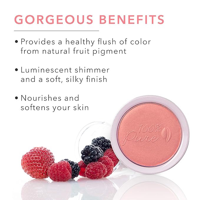 100% PURE Powder Blush (Fruit Pigmented), Mimosa, Soft Shimmery Finish, Nourishes Skin w/Rosehip Oil, Cocoa Butter, Natural Makeup (Light Coral) - 1.81 oz