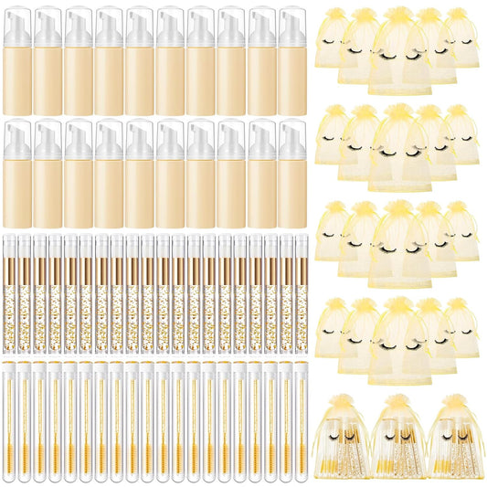 Zhehao 80 Pcs Lash Shampoo Bottle Brushes Kit 20 Foam Pump Dispensers 20 Lash Shampoo Brushes 20 Eyelash Aftercare Bag 20 Cleaning Pipes, Eyelash Extension Supplies(Gold)