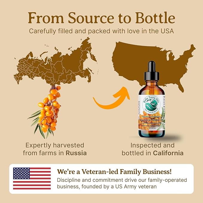 Bella Terra Oils - Sea Buckthorn Oil 4 oz - Unlock the Gold Standard in Skincare, Infused with Omega-3, Omega-6 & Carotenoids, Elevate Your Cosmetic Routine