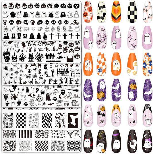 Whaline 6Pcs Halloween Nail Plates Stamping Set Pumpkin Ghost Skull Stamp Templates Nail Art Plates for DIY Print Manicure Salon Design Gift
