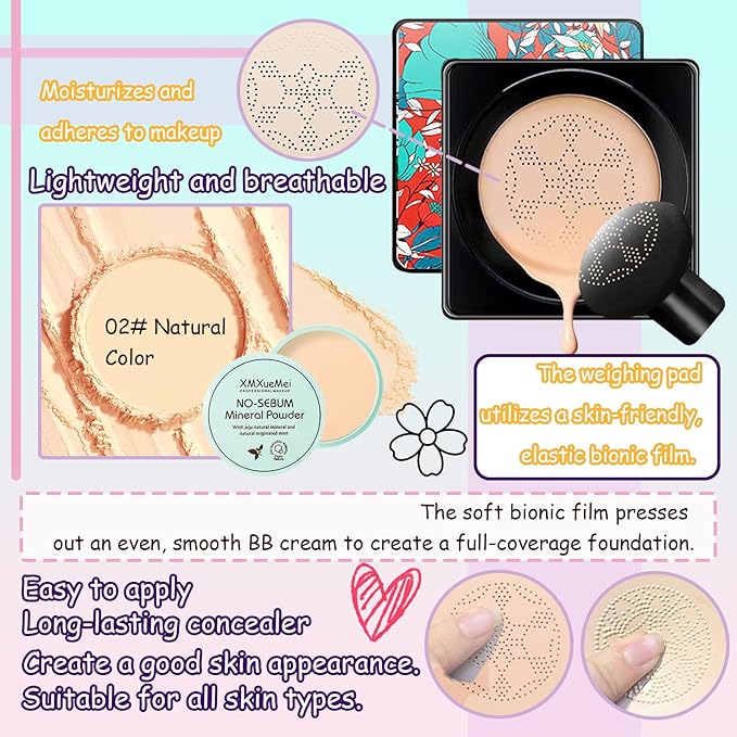 Air Cushion CC Cream Mushroom Head Foundation,Waterproof Long Lasting Loose Setting Powder,Moisturizing BB Cream Liquid Foundation Makeup Primer Concealer Base with Makeup Sponge（4PCS）
