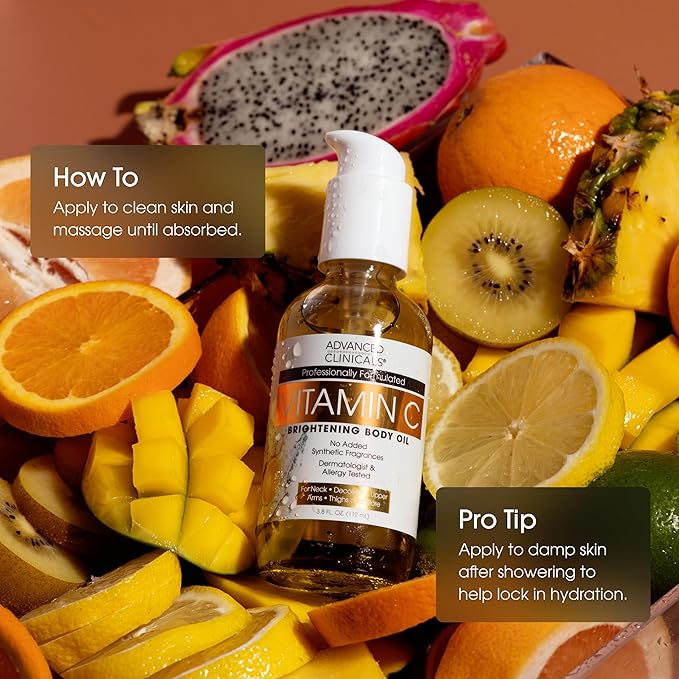 Advanced Clinicals Vitamin C illuminating Body Oil For Women & Men |Vitamin C Oil Skin Care Body Moisturizer With Vitamin E + Botanicals To Help Improve Appearance Of Dark Spots + Dry Skin, 3.8 Fl Oz