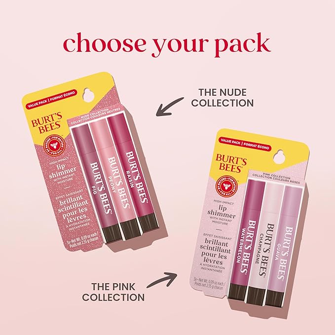 Burt's Bees Lip Shimmer Nude Collection, Tinted Lip Balm Stick, Moisturizing for All Day Hydration with Natural Glowy Pigmented Finish & Buildable Color, 3 Warm Shades; Value Pack, 3 Tubes x 0.09 Oz