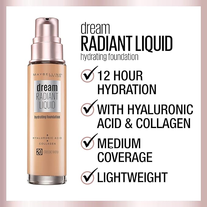 Maybelline Dream Radiant Liquid Medium Coverage Hydrating Makeup, Lightweight Liquid Foundation, Nude Beige, 1 Count