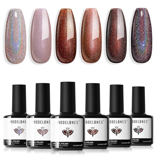 modelones Chameleon Gel Nail Polish Set, 6 Colors Fall Gel Polish Kit Nude Brown Glitter Shimmer Soak Off LED Nail Lamp Gel Nail Kit Home Gift DIY Salon For Women Girl