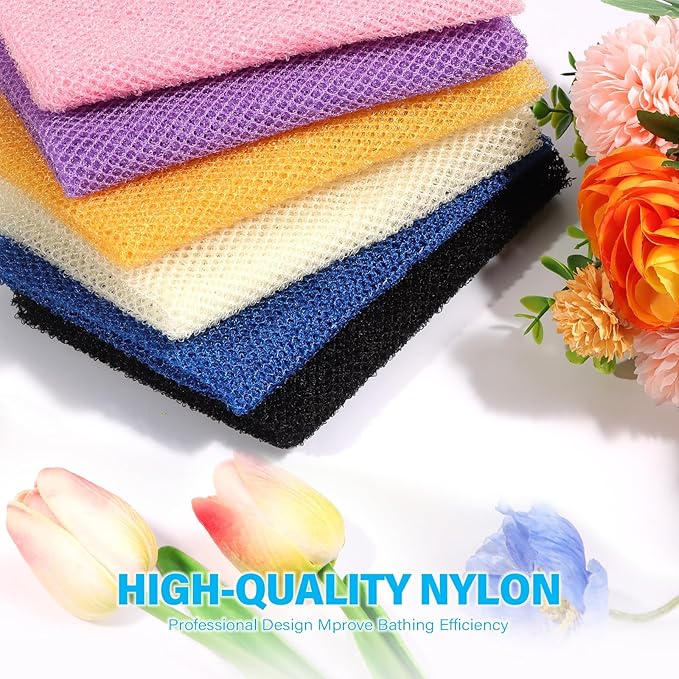 UJFQBH 6 Pieces African Bath Sponge African Net Long Net Bath Sponge Exfoliating Shower Body Scrubber Back Scrubber Skin Smoother,Great for Daily Use (Pink, Yellow, Purple, Blue, Black, Off-White)