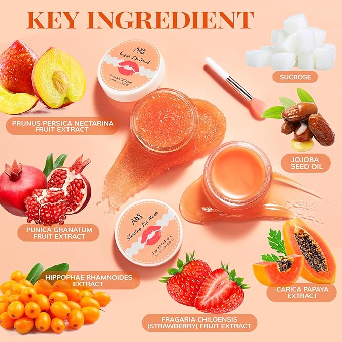 ANAI RUI Lip Balm Mask & Lip Scrub Set, Lip Care Kit, Overnight Lip Treatment with Lip Sleeping Mask & Sugar Lip Exfoliator Scrub, Lip Moisturizer for Dry, Chapped, Dark Lips, Reduce Fine Lines, Peach