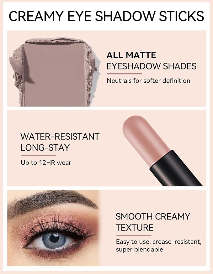 Erinde Waterproof Cream Eyeshadow Stick, Matte Nude Eye Shadow Sticks, Longwear Blendable High Pigmented, Neutral Eye Shadow Sticks Matte for Older Eyes, Smokey Eyeshadow Pencil Crayon, 12 Warm Brown