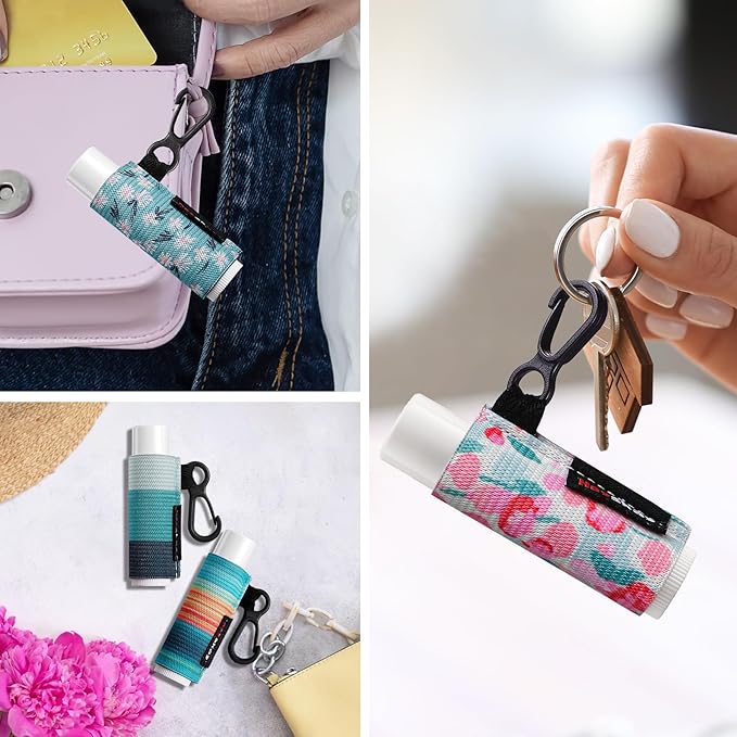 3PCS Lip Balm Holder Lip Gloss Sleeves Keychain Lipstick Holder Keychain Chapstick Elastic Sleeves Bulk(Green Print Flower X3)