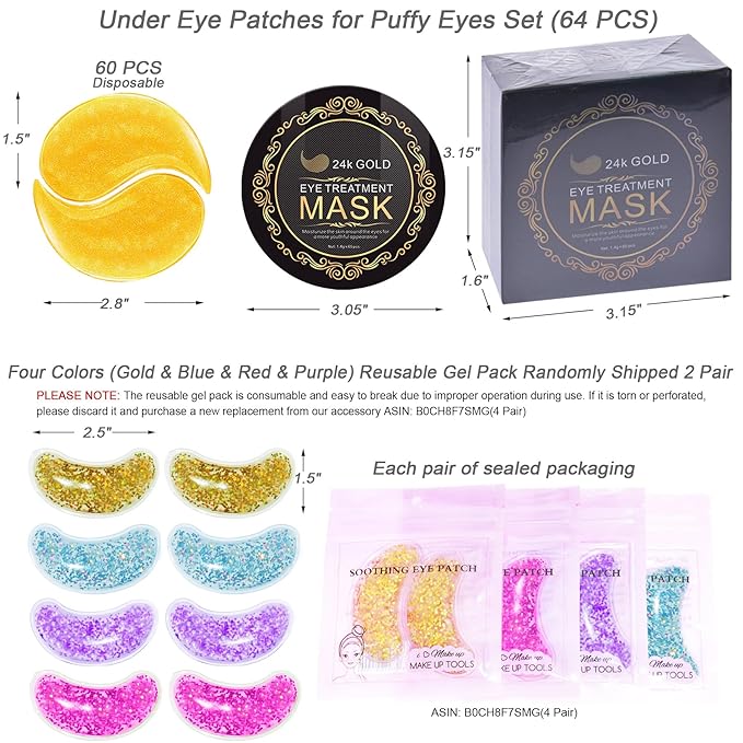 24K Gold Under Eye Patches Gel Eye Pad Hot Cold Eye Mask,Eye Masks Skincare for Removing Dark Circles and Puffiness,Reduce Wrinkles,Eye Bags and Fine Lines (68 Pcs