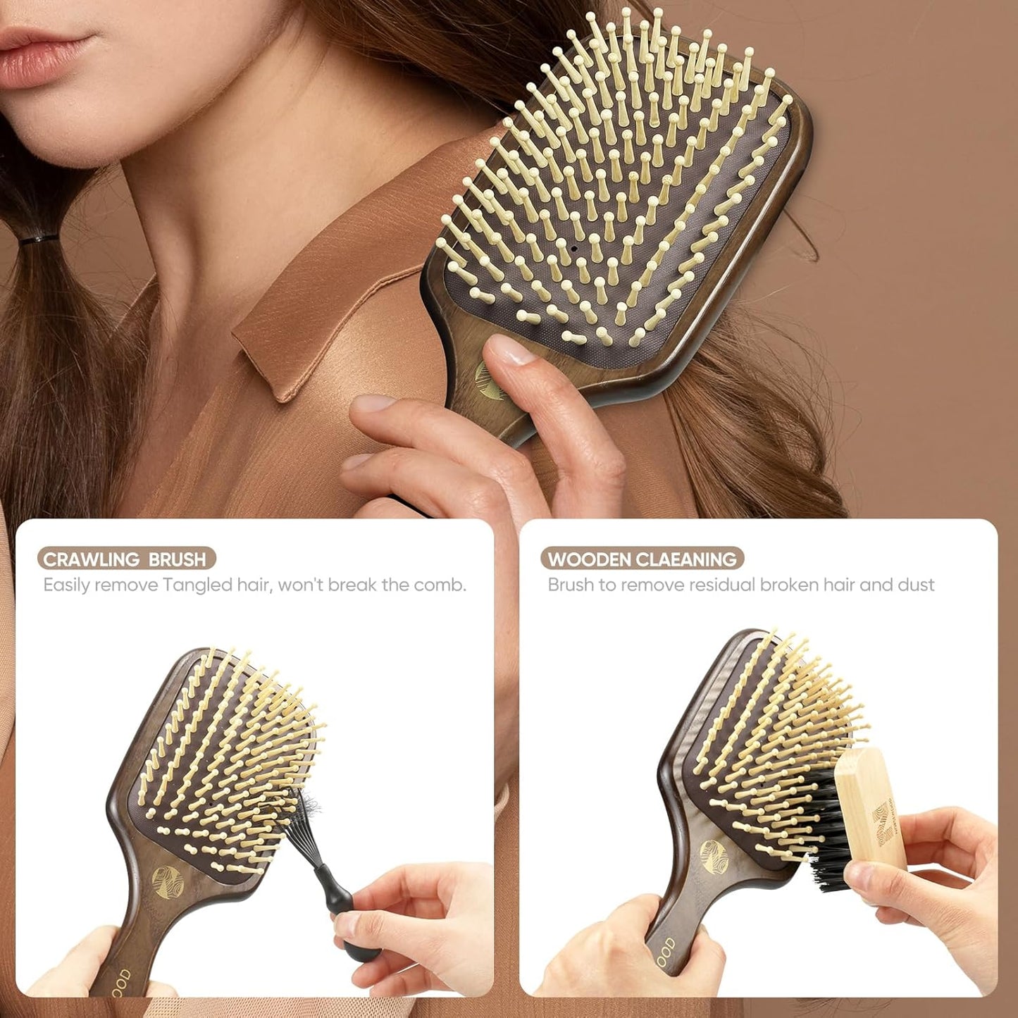 100% Natural Wood Hairbrush for Massaging Scalp,for Most Hair Types, Wooden Bristle for Reducing Damage, Scalp Massager Perfect for Women, Men & Kids