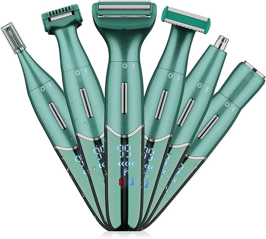 Karrte 6-in-1 Electric Razor for Women's Pubic Hair, Painless Body Shaver and Facial Epilator, Hair Removal for Face, Bikini Trimmer for Women's Private Area Green