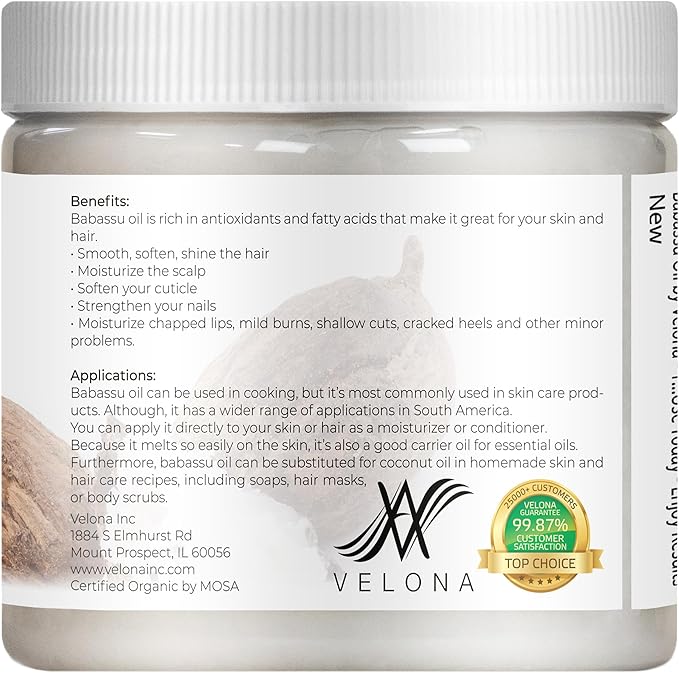 velona Babassu Oil USDA Certified Organic - 16 Fl Oz | 100% Pure and Natural Carrier Oil | Refined, Cold Pressed | Face, Hair, Body & Skin Care and Cooking | Use Today - Enjoy Results