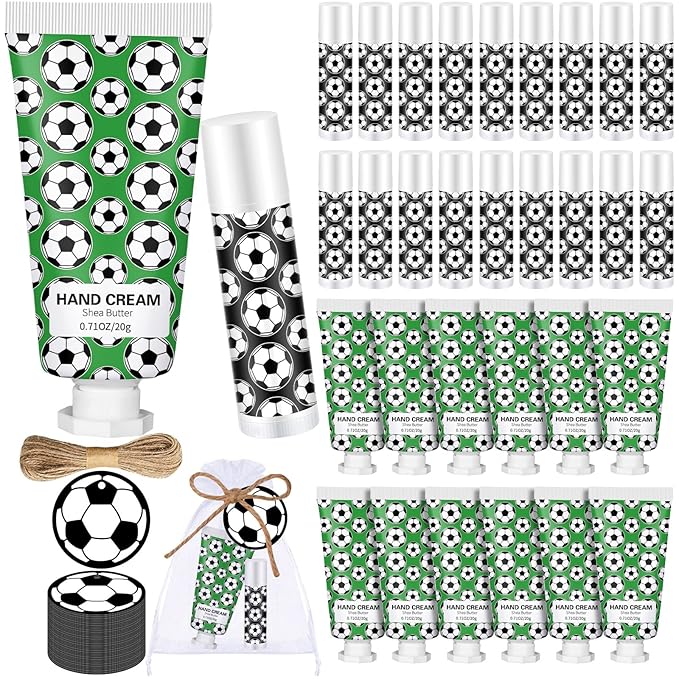 36 Sets Soccer Lip Balm Hand Cream Set soccer Party Favors, Include 36 Lip Balm 36 Moisturizing Hand Cream 36 Bags 36 Cards and Ropes for Soccer Accessories Gifts