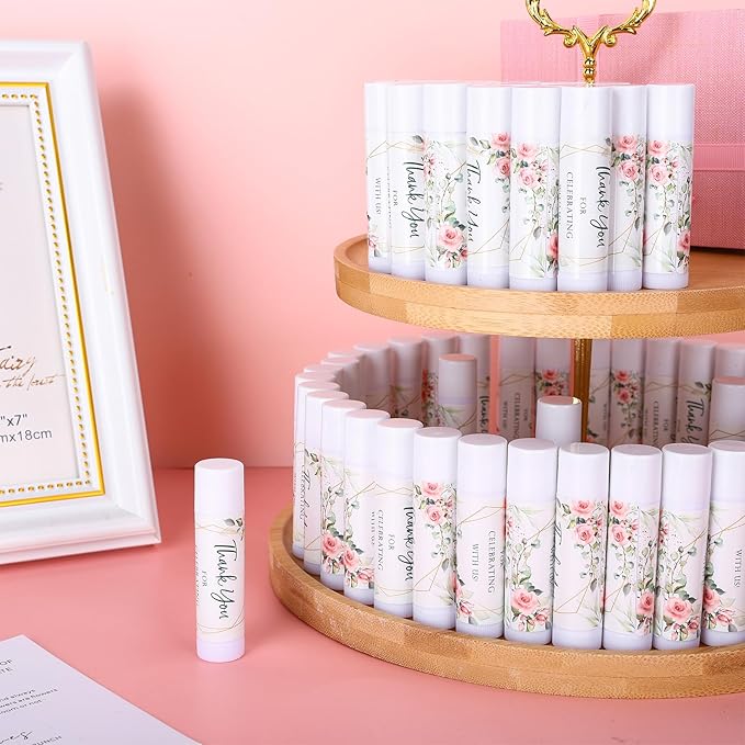 Whaline 60Pcs Thank You Gift Lip Balm Bulk Wedding Lip Balms Vanilla Flavor Floral Moisturizing Lip Care Guest Basket Gift Stuffer for Bridal Shower Baby Shower Birthday Party Favor Supplies