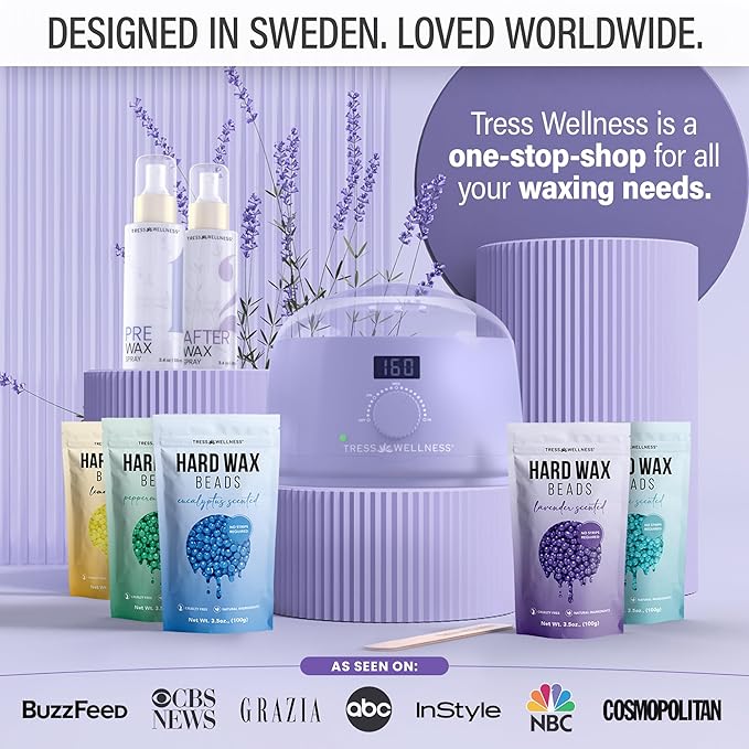 Tress Wellness Waxing Kit for Sensitive Skin – Safe for Face & Skin, Prep & Aftercare Spray, Easy to Use – At-Home Kit for Face, Bikini, Brazilian & Full Body - Digital Display, Pink