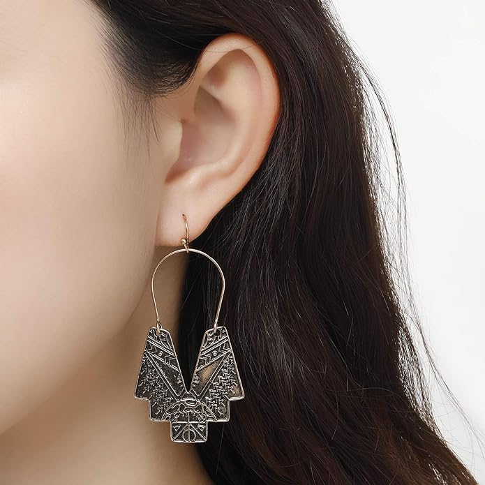 Zealmer Gold Geometric Earrings Statement Vintage Boho Ethnic Earrings Hollow Out Fan Shape Dangle Drop Earrings for Women Birthday Christmas Valentines Day Gift