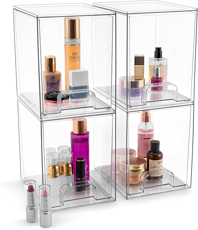Sorbus Acrylic Storage Containers - 4 Pack, Stackable Storage Bins Set for Bathroom Organization - Clear Acrylic Drawer Organizers - Makeup Case Pull-Out Drawers (7.6’’ Tall)