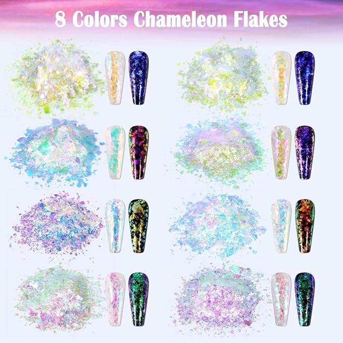 Laza Chameleon Flakes, 8 Colors Nail Confetti Powder, Irregular Colorshift Pigment Powder for Nails Art Supplies, Epoxy Resin Tumbler, Slime, Crafts Decoration - Glass Starry Night